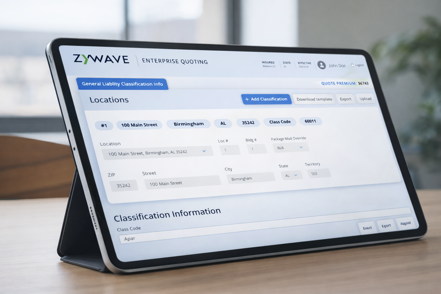 Zywave Enterprise Quoting software on tablet displaying commercial insurance location and classification management