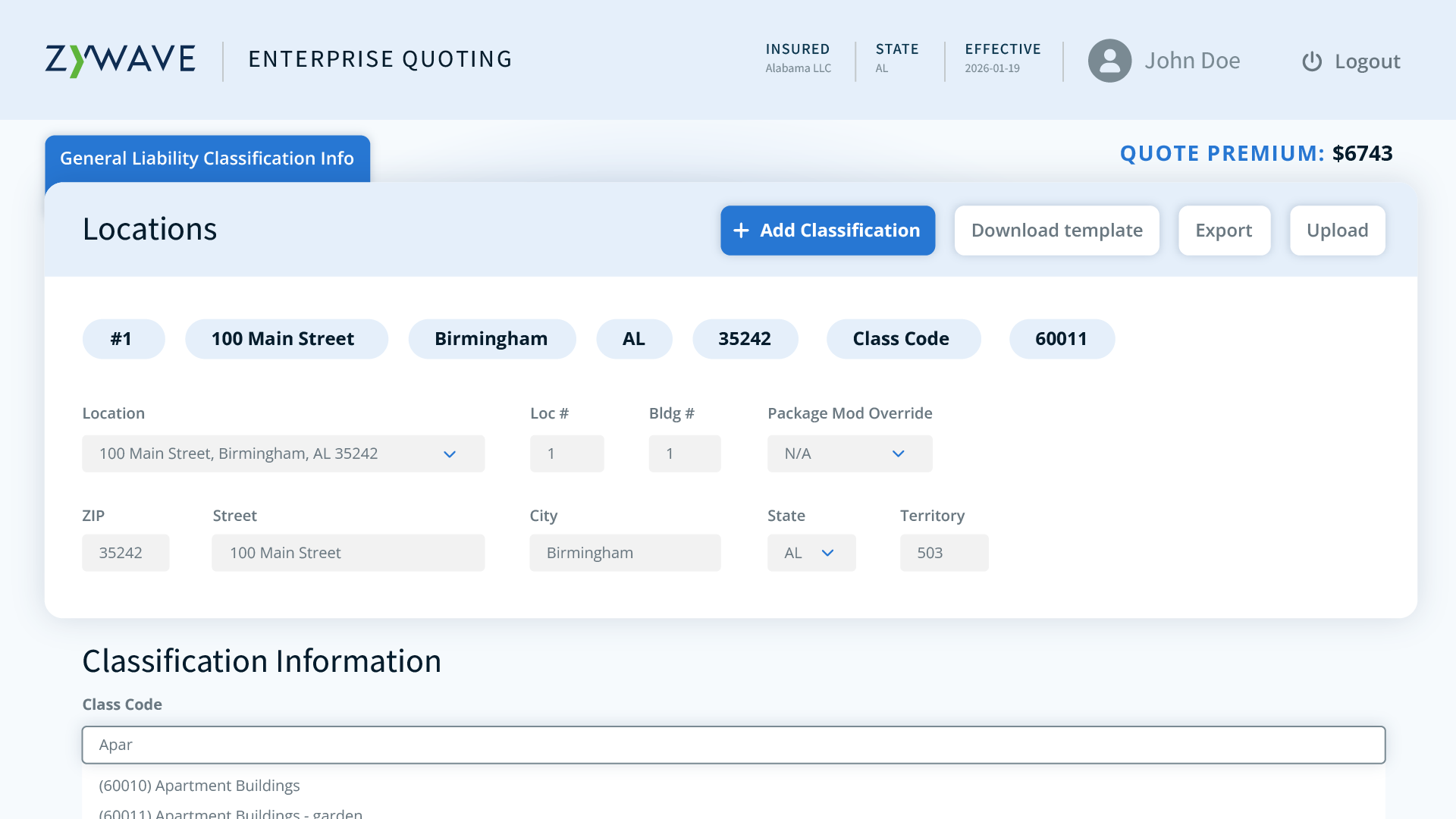 Zywave Enterprise Quoting software interface displaying general liability policy information including limits, deductibles, and coverage details.