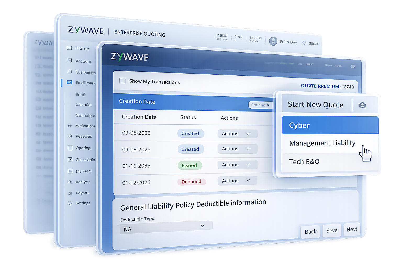 Zywave Enterprise Quoting insurance software interface showing quote management, policy information, and general liability details