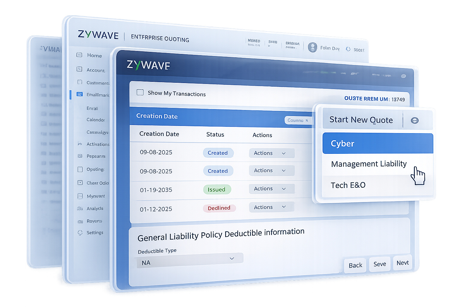 Zywave Enterprise Quoting insurance software interface showing quote management, policy information, and general liability details