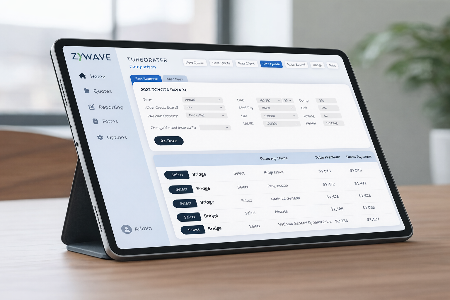 Zywave TurboRater insurance rating software displayed on tablet device comparing multiple carrier quotes